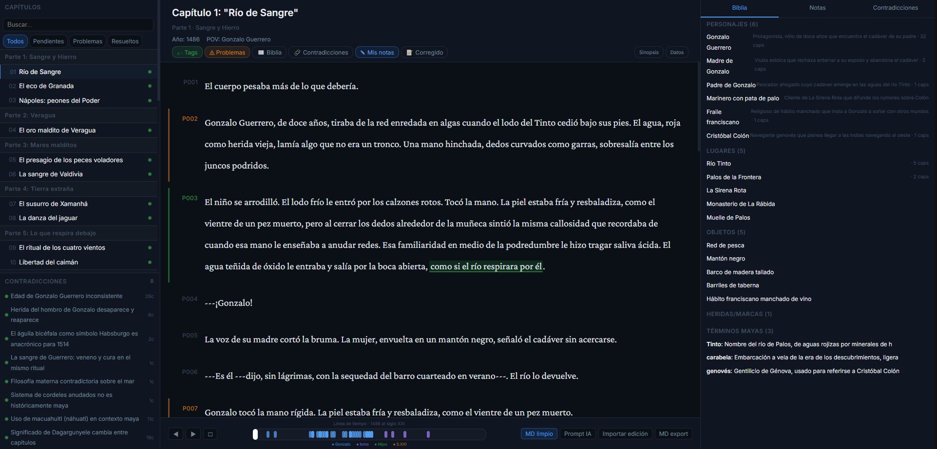 Editor de la novela con biblia de personajes, rastreador de contradicciones y notas