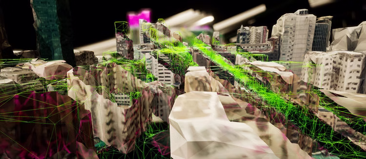 Rendered city model with structural traces
