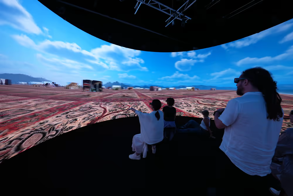 Spatial catalogue of panorama cylinders arranged across a virtual landscape.