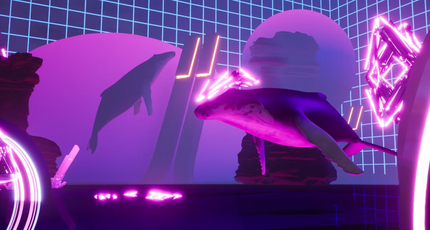 Virtual environment view with whale and luminous sculptural elements