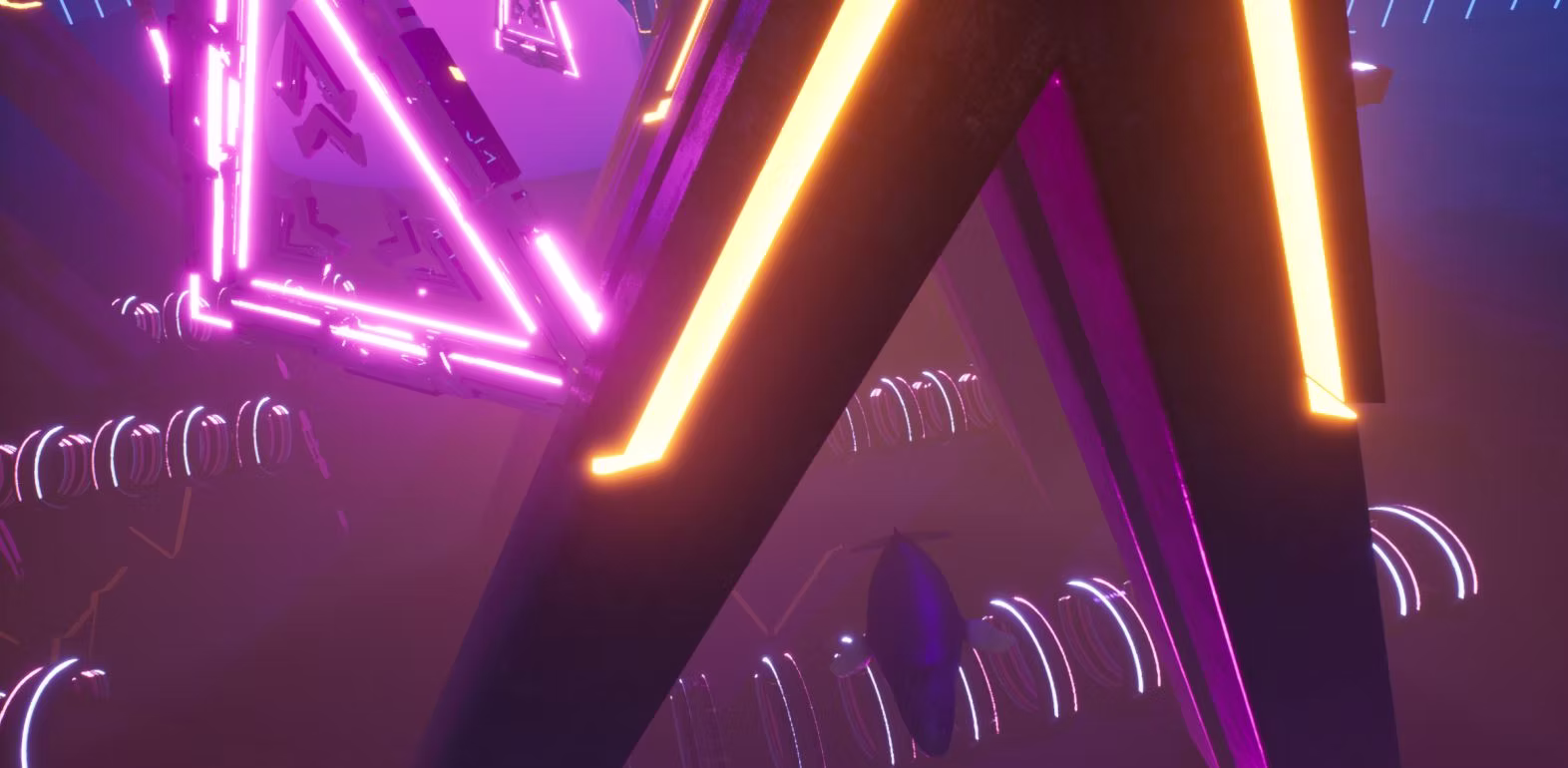 Detail view of triangular light structures inside the virtual environment