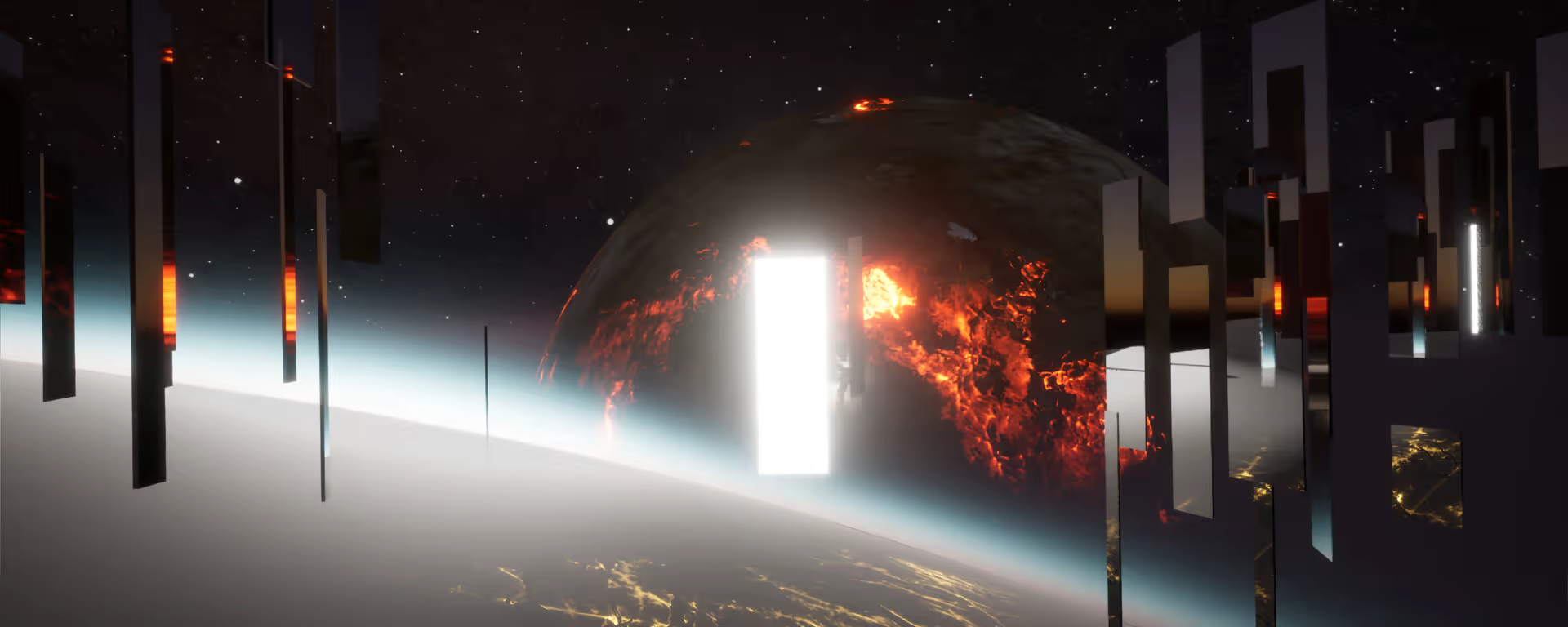 Horizon 25 — Earth with lava sphere and monolithic pillars, stereoscopic render