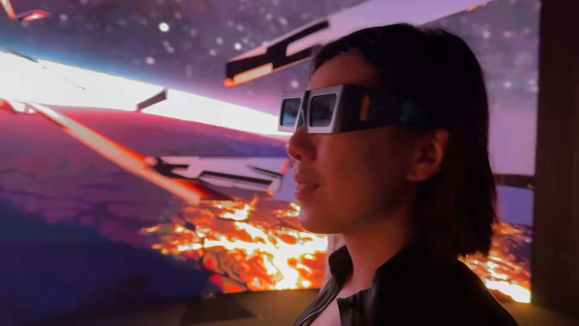 Visitor with 3D glasses — immersive volcanic and fire sequence