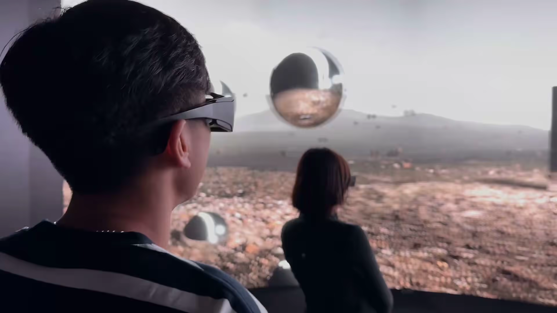 Viewer with 3D glasses — orbital capsule scene, stereoscopic screen