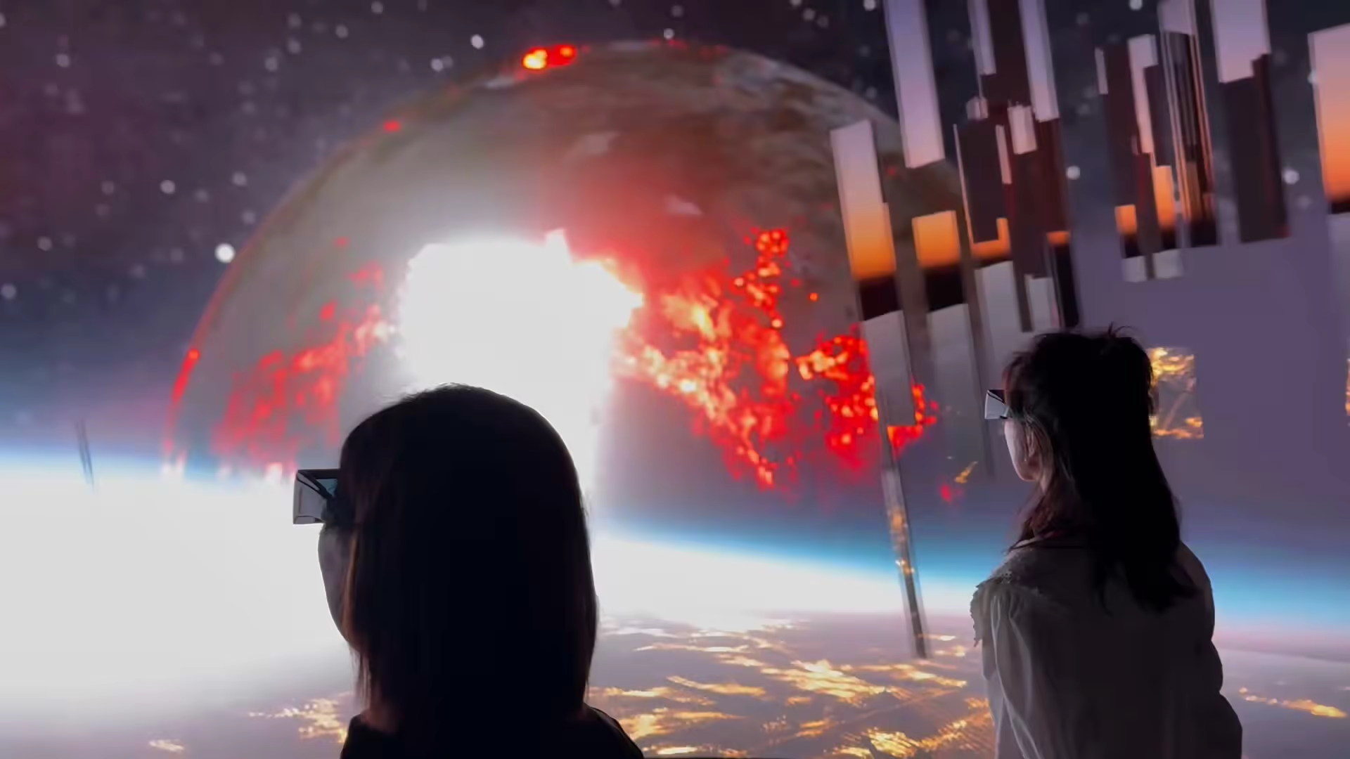 Two viewers with 3D glasses — lava planet scene, stereoscopic panorama