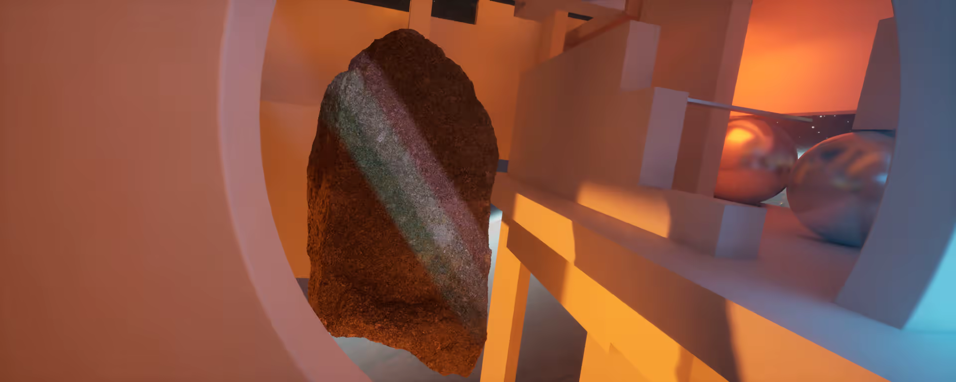 Horizon 25 render — floating meteorite in warm orange room with portal