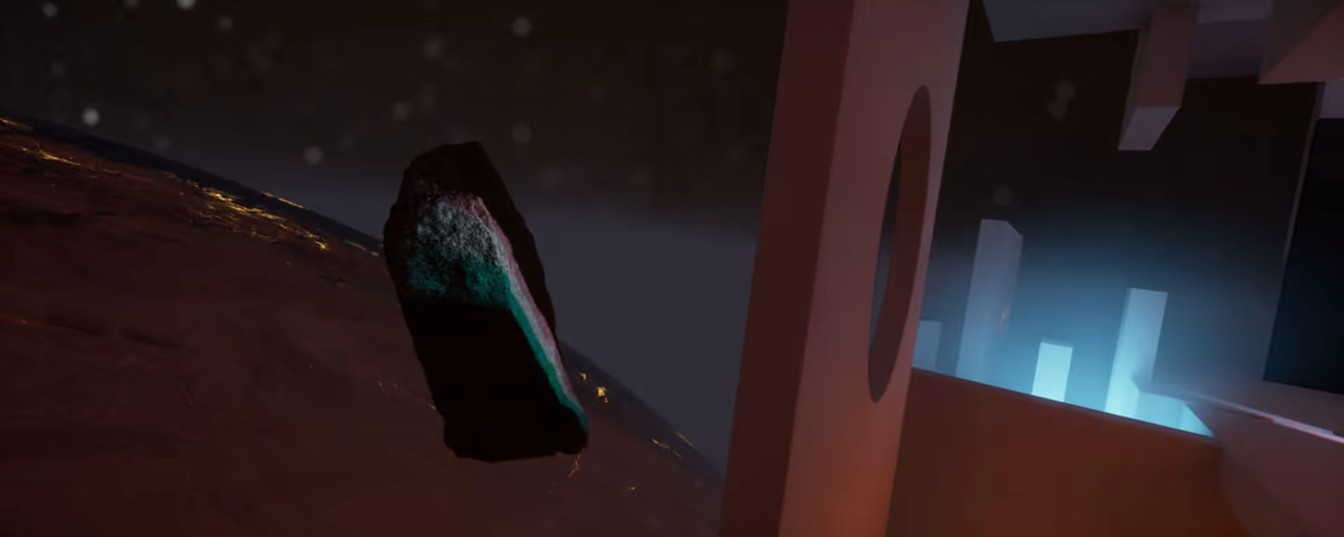 Horizon 25 render — dark meteorite on volcanic surface, glowing blue structure