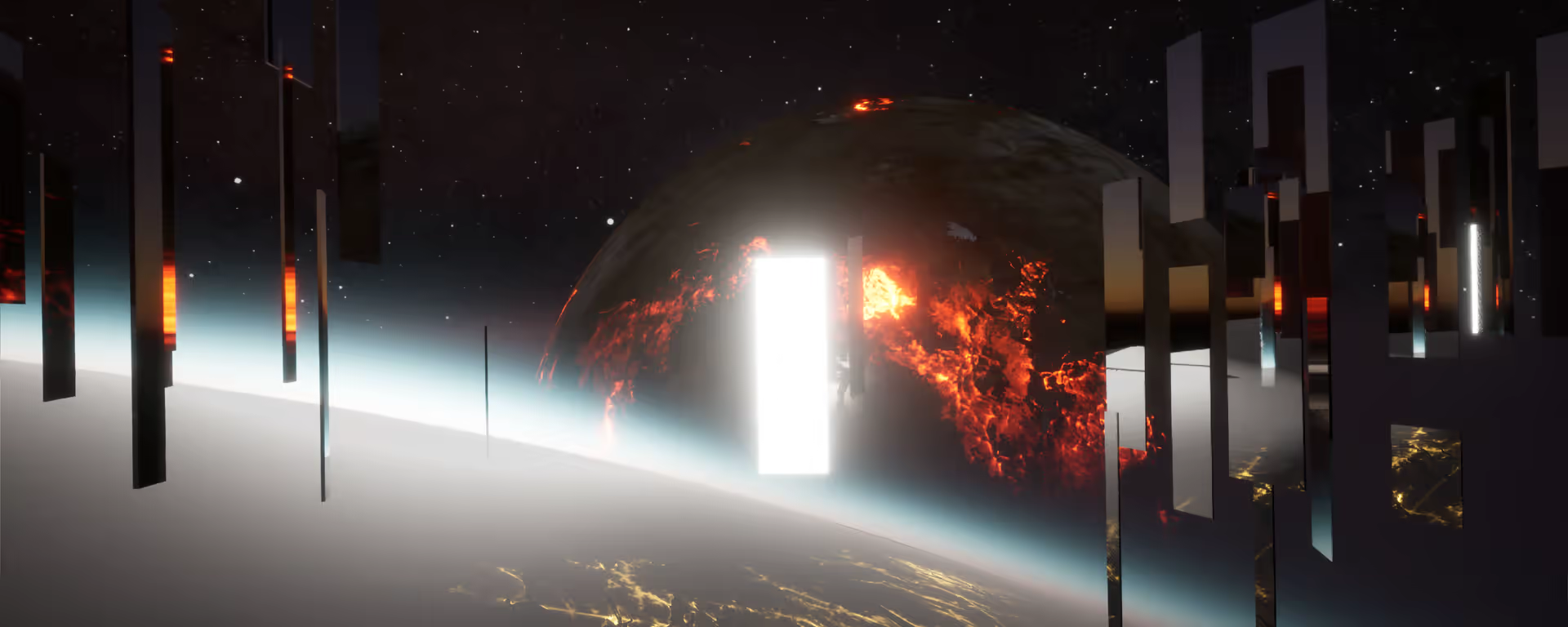 Horizon 25 render — Earth with fire sphere and monolithic pillars in orbit