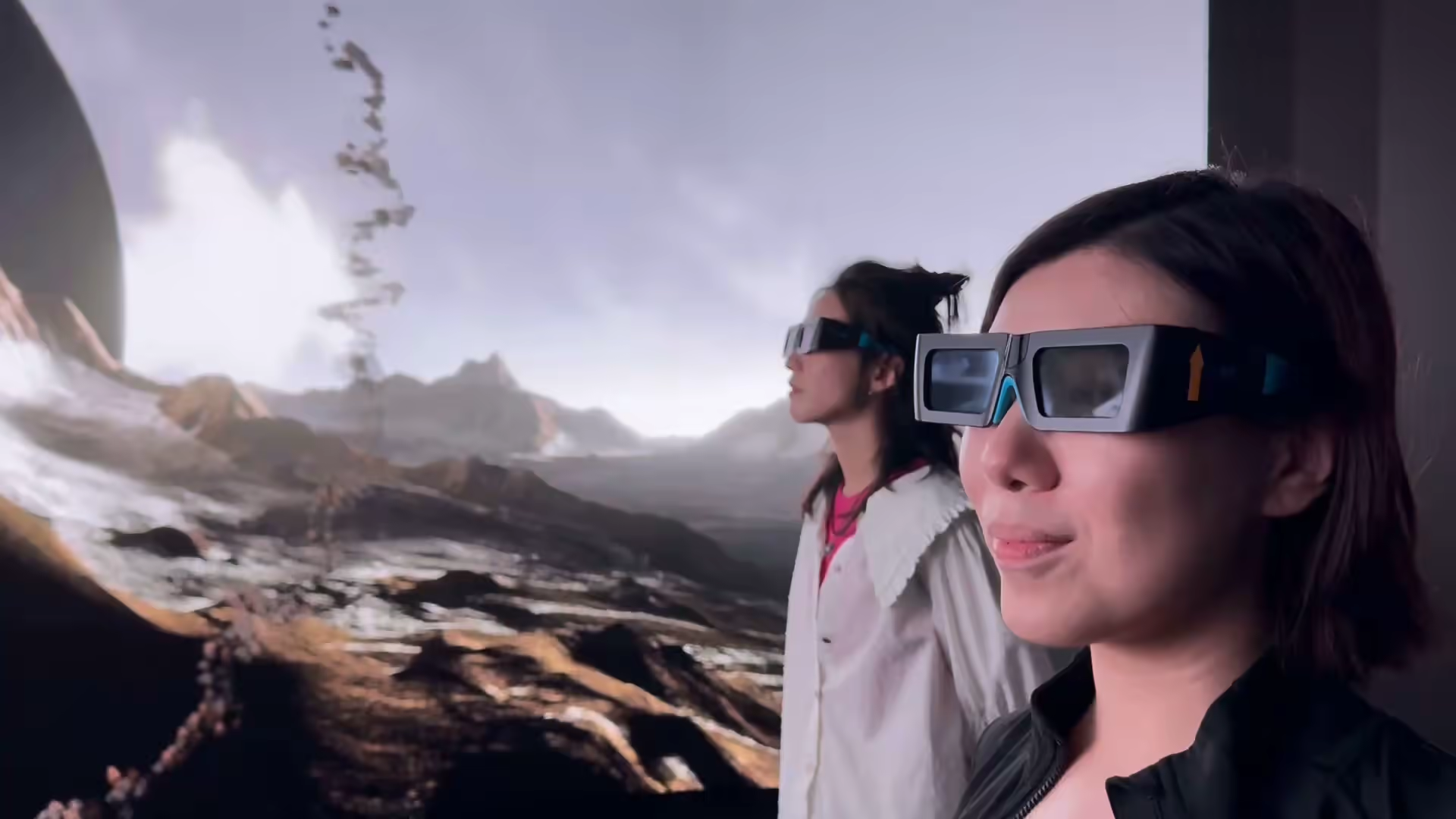 Two visitors with 3D glasses — mountain panorama, VRC