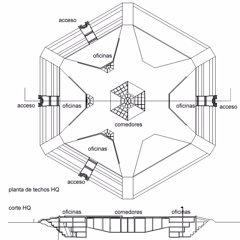 HQ roof plan and section drawing