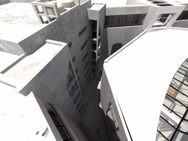 Exterior render showing roof surfaces and circulation bridge