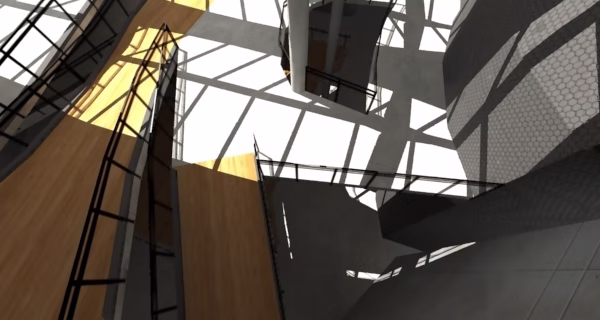 Interior render with light shafts and stairs