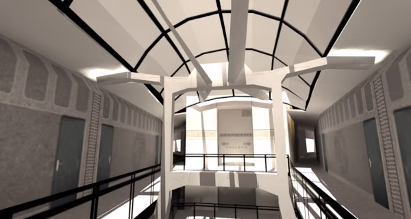 Bright interior render of circulation space