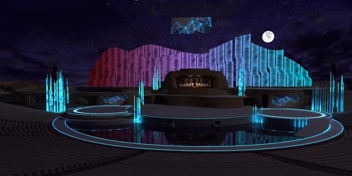 Night render of the Vendimia 2015 stage with coloured scenic zones and moon