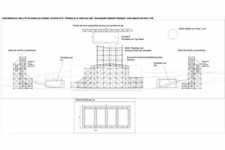 Front technical plan drawing for the Vendimia 2015 stage and screen layout